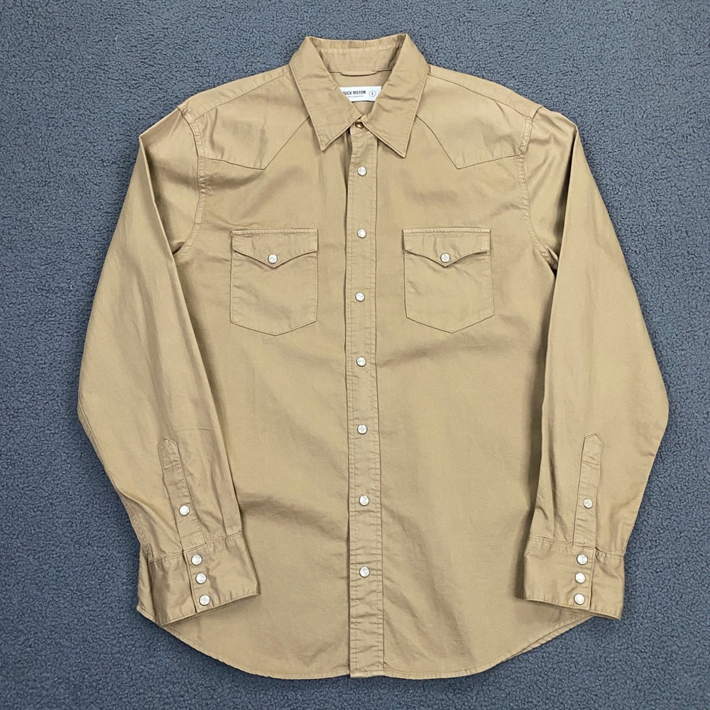 Buck Mason Western Shirt Mens Large Tan Khaki Twill Cotton Pearl Snap Cowboy